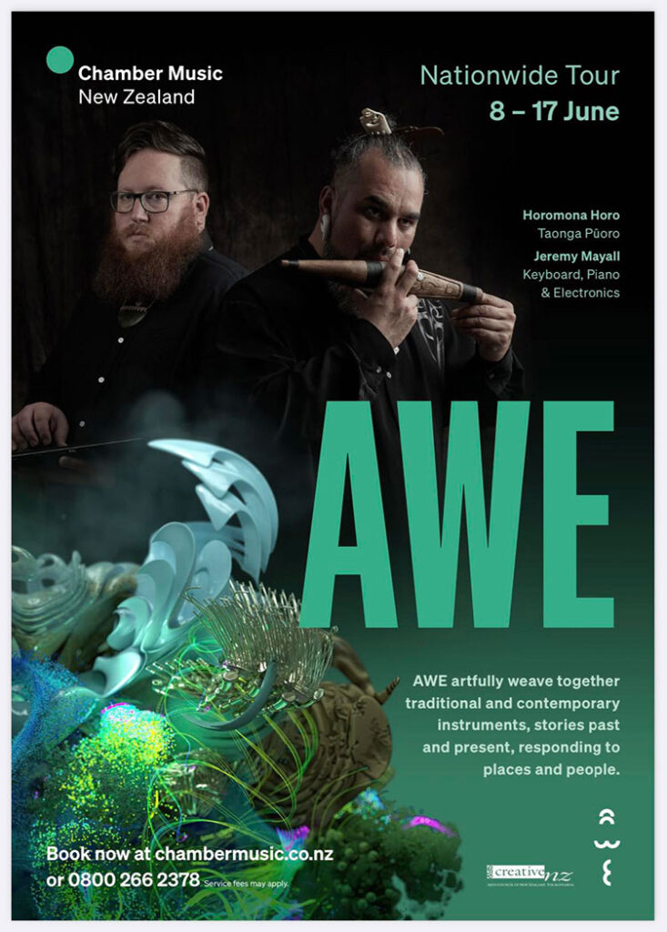 AWE 2023 Tour poster featuring Horomona Horo (Ngāpuhi, Taranaki, Ngāti Porou) and Jeremy Mayall.